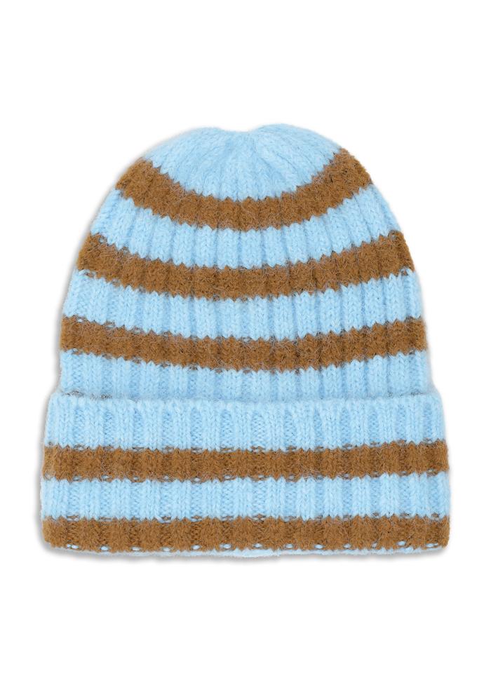 The Sui Ava Clara Beanie in Blue and Khaki is a knitted winter hat featuring horizontal light blue and brown stripes, a ribbed texture, and a folded brim, displayed on a white background.