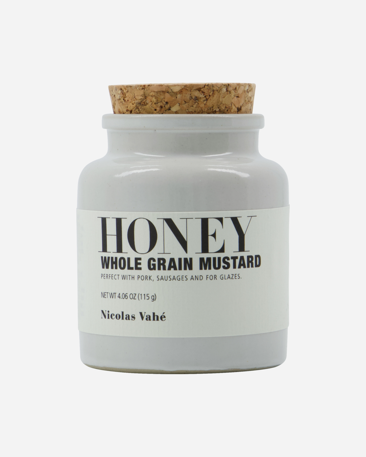 Nicolas Vahé Mustard, Honey & Whole Grain (4.06 oz/115g) in a white ceramic jar with cork lid, made with acacia honey—ideal for pork, sausages, or glazes.