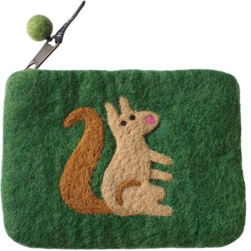 A charming handmade purse from Klippan Yllefabrik, the Felted Wool Purse Squirrel in Green features a whimsical brown and tan squirrel design hand-felted in wool on the front. With its vibrant green felt and secure zipper closure, this unique accessory adds a touch of woodland whimsy to your everyday essentials.