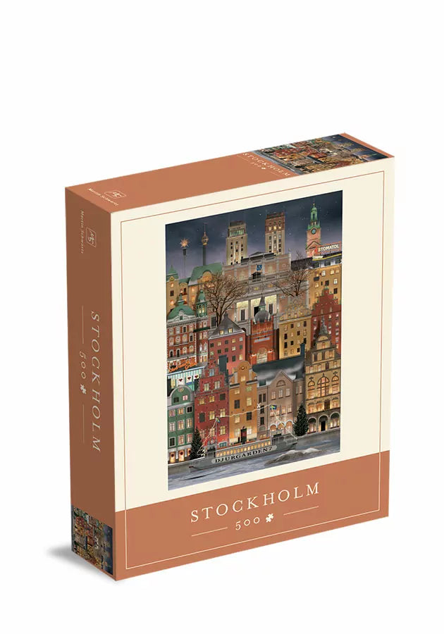 The "Puzzle Christmas in Stockholm, 500 Pieces" by Martin Schwartz features a festive cityscape with colorful buildings and famous landmarks.
