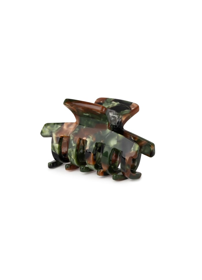 Lea Army Mini Hair Claw Clip in Green & Brown with a green and brown marbled tortoiseshell acetate pattern.