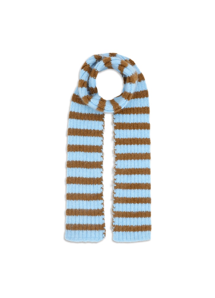 The Clara Slim Scarf in Blue and Khaki by Sui Ava is neatly displayed on a white background, showcasing its modern striped design that effortlessly adds style to any outfit.