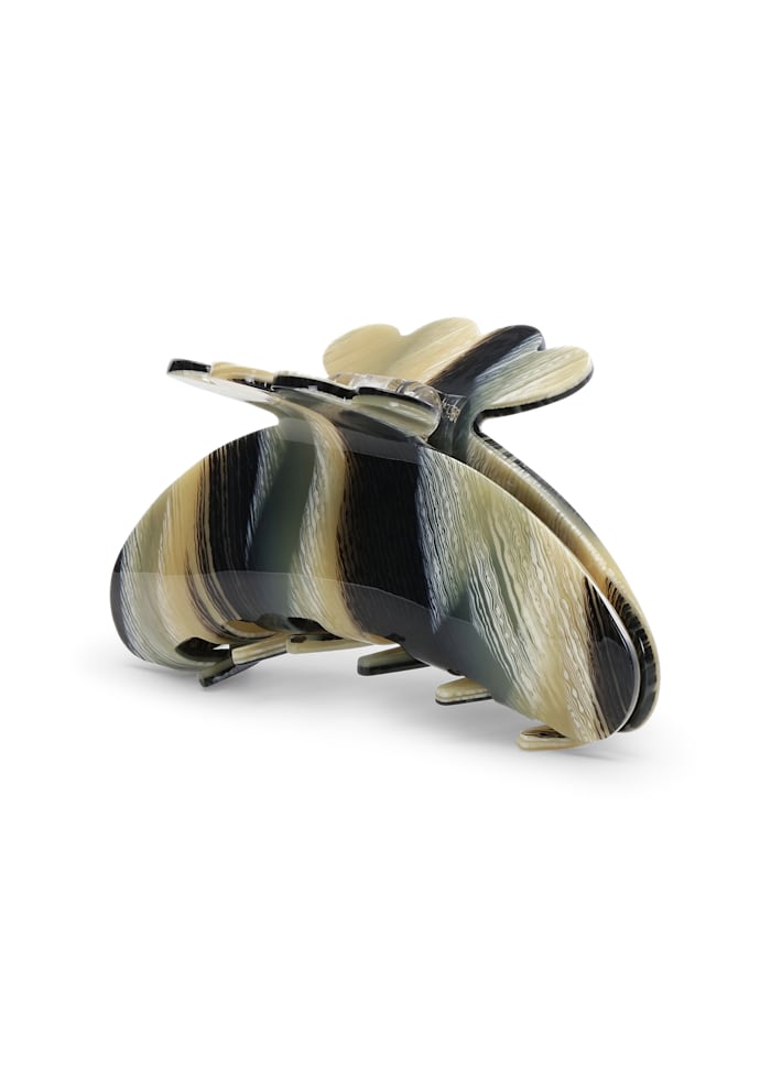 Large Helle Night Big Hair Claw Clip in black, beige, and grey with an acetate striped pattern.