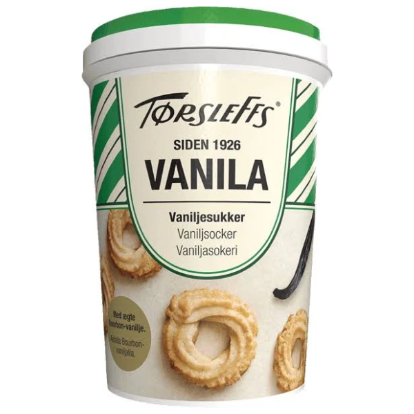 A 100g container of Deli Torsleff Vaniljesukker Vanilla Sugar with green and white packaging, featuring vanilla pods and cookies on the label—ideal for baking.