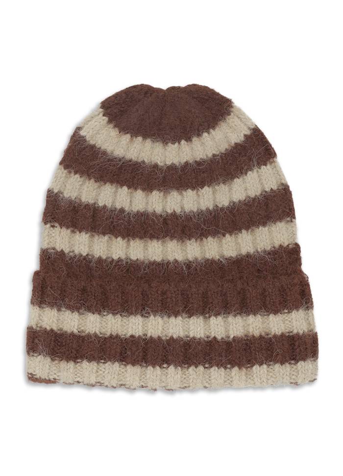 The Clara Beanie in Brown & Beige by Sui Ava is a stylish winter hat featuring alternating horizontal brown and beige stripes, shown laid flat against a white background.