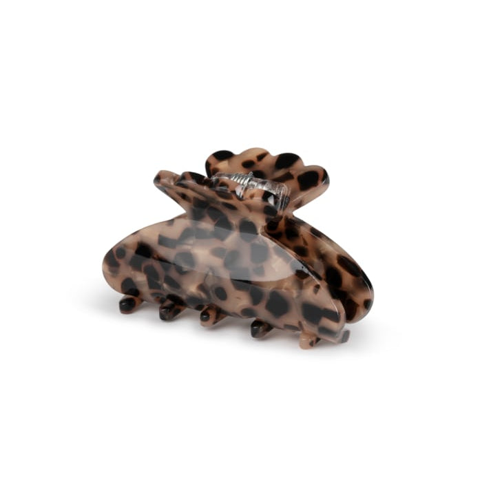 Sui Ava Helle Leo Mini Hair Claw Clip in Brown, a small dark brown hair claw clip with a leopard print pattern, perfect for fine hair.