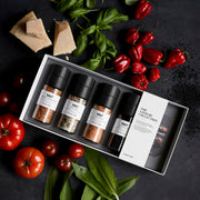 Gift box Salts, Nicolas Vahé Savoury - Parmesan, tomato and basil salt, Black salt, Wild garlic salt, & Chili salt