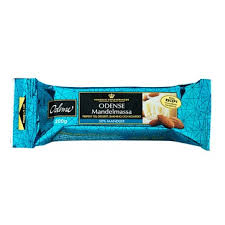The Deli Odense Mandelmassa – Almond Paste 200g comes in a blue wrapper with almond imagery—ideal for creating authentic Scandinavian baked goods.
