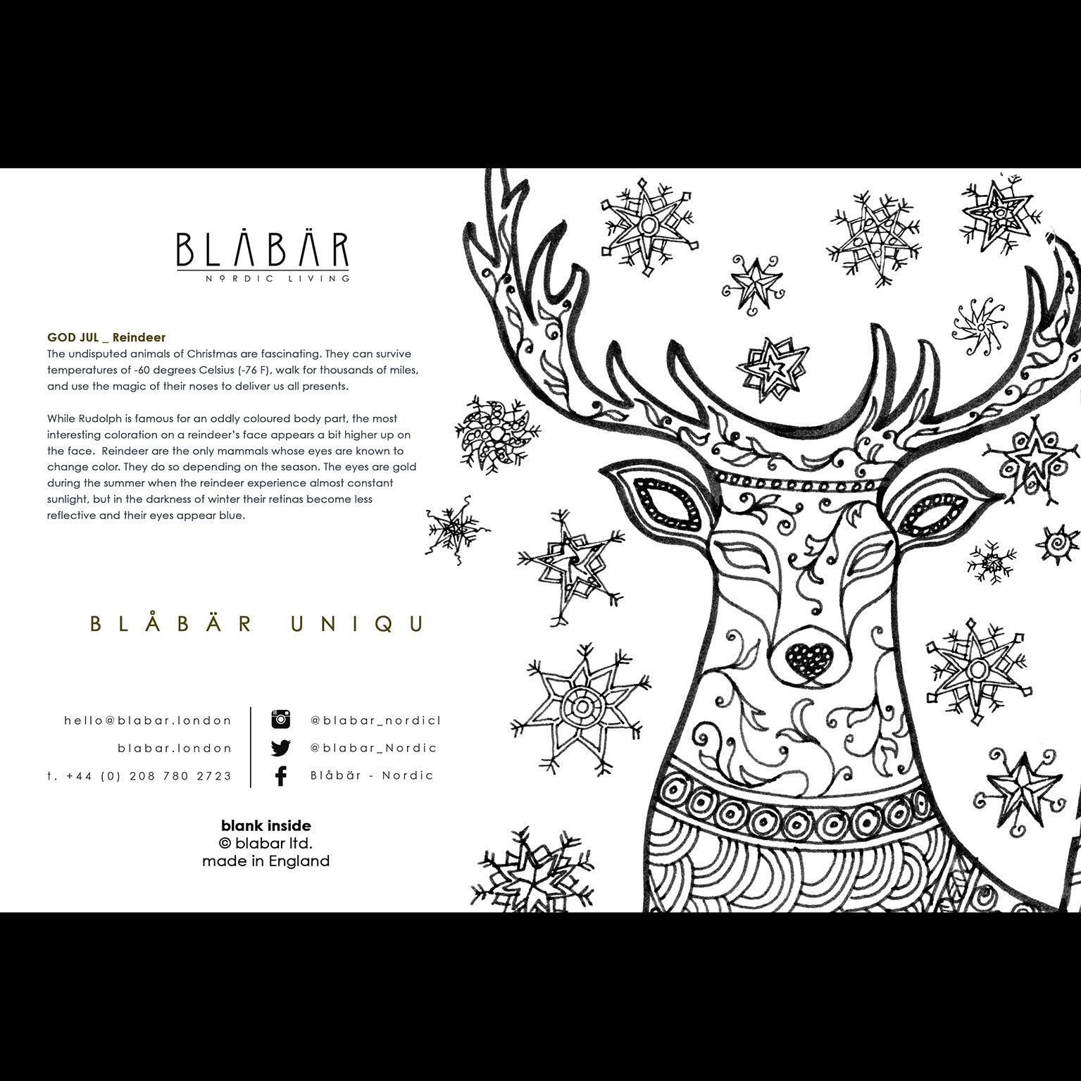 Blåbär Unique Christmas Card, Reindeer - Blabar Nordic Living