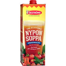 A 1L carton of Deli Ekströms Nyponsoppa Rosehip Drink, a vitamin C-rich Swedish rosehip soup, with packaging showing a glass of the drink and rose hips.