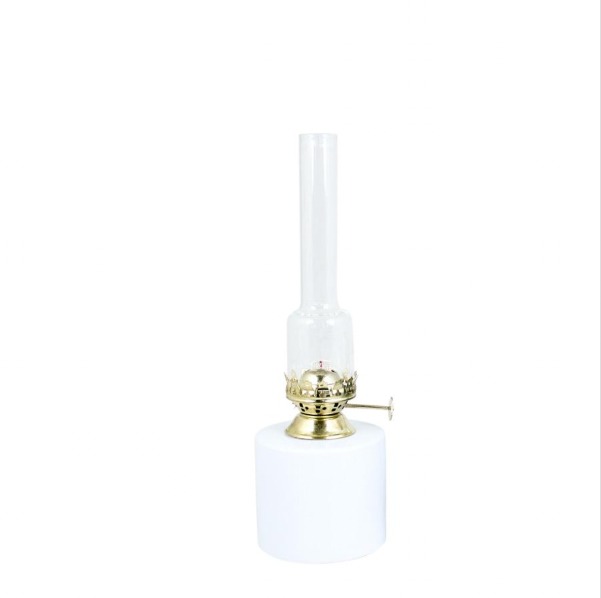 The Strömshaga Oil Lamp in White w. Brass Small 25cm features a clear glass body, brass burner, and white cylindrical base—ideal for emergency lighting, shown against a plain white background.