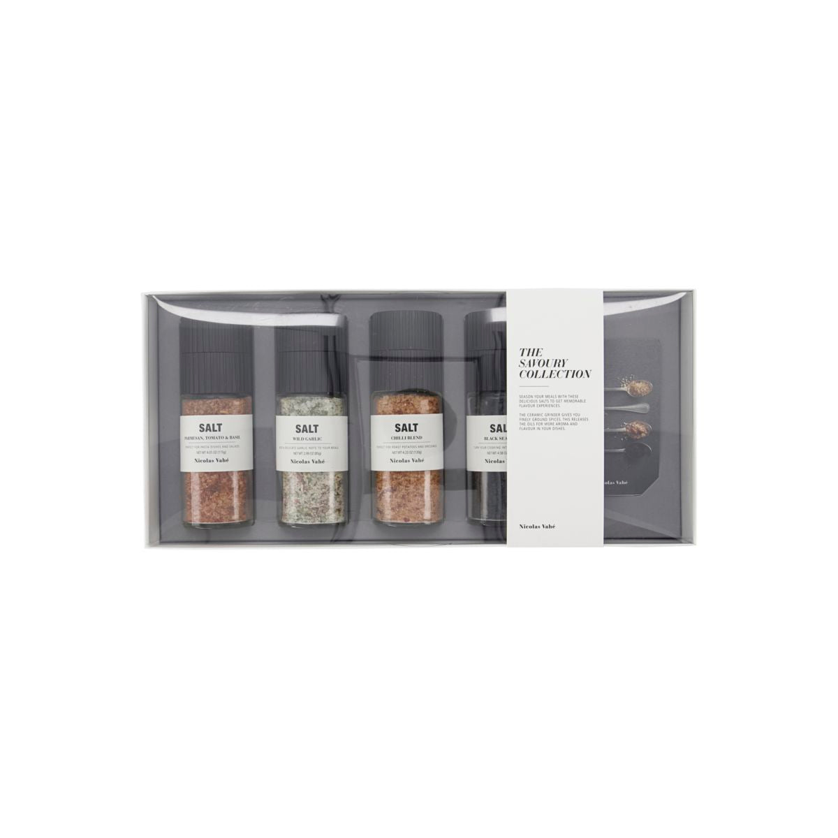 Gift box Salts, Nicolas Vahé Savoury - Parmesan, tomato and basil salt, Black salt, Wild garlic salt, & Chili salt
