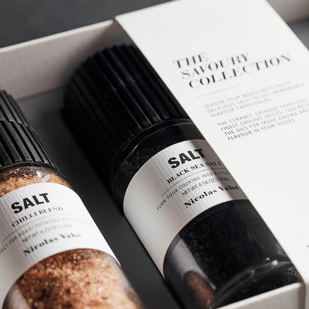 Gift box Salts, Nicolas Vahé Savoury - Parmesan, tomato and basil salt, Black salt, Wild garlic salt, & Chili salt
