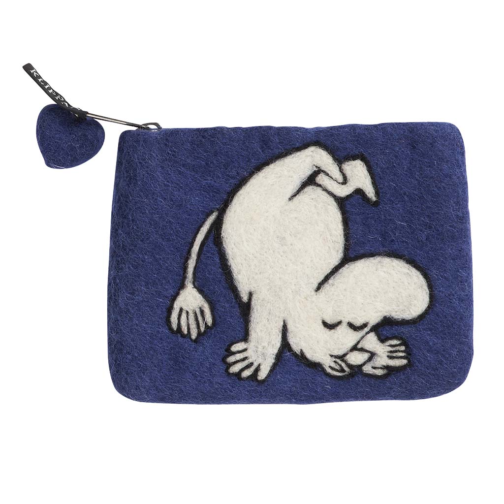 The Moomin Upside Down Felted Wool Purse in blue by Klippan Yllefabrik features a playful white Moomin character bending over—a charming addition to any cute purse collection.
