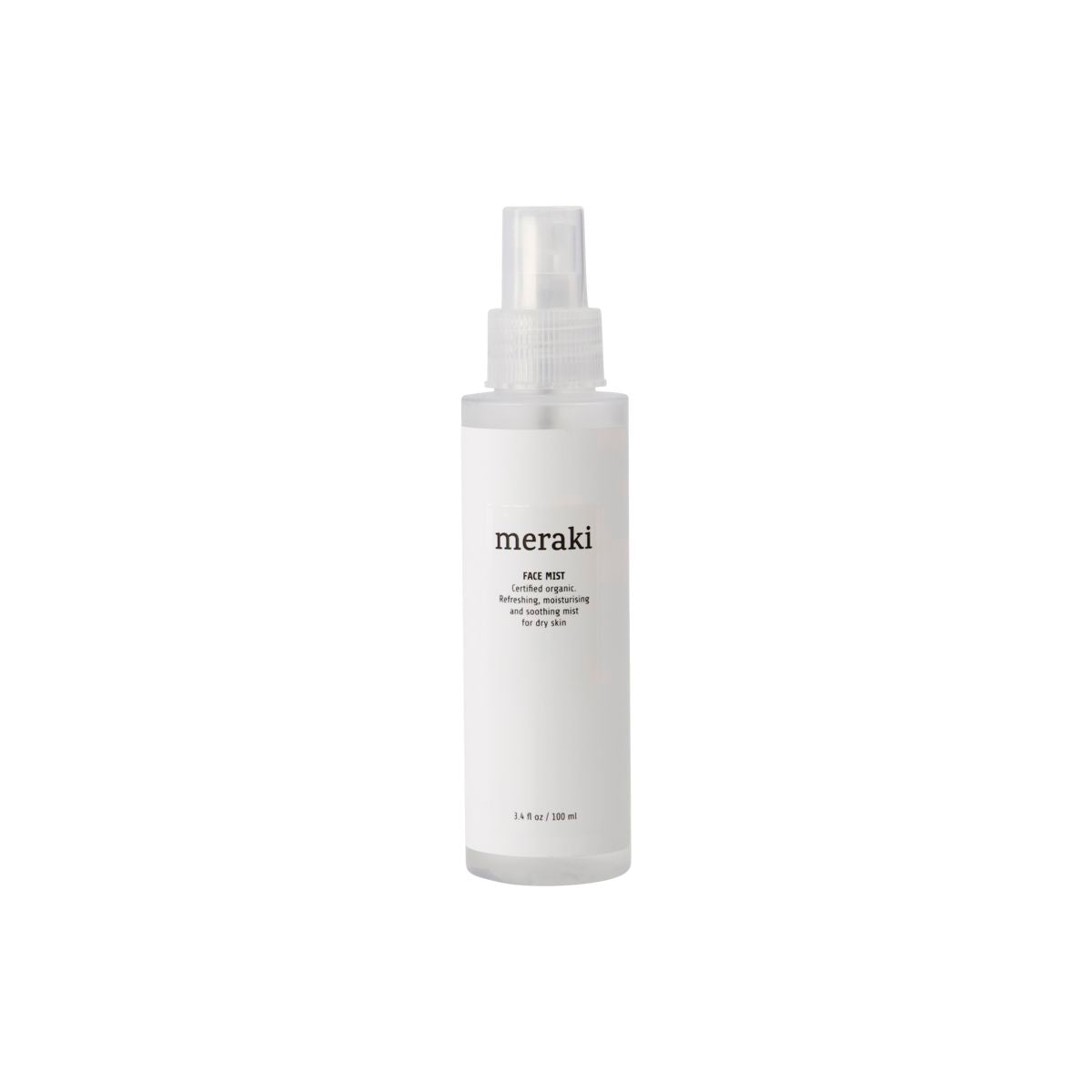 A clear plastic bottle of Meraki Face Mist, Organic with Earth Marine Water, featuring a white label and transparent spray cap, stands upright on a plain white background. Enriched with Earth Marine Water, this mist is formulated to promote a radiant complexion.