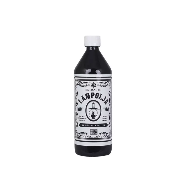 A 1-liter black plastic Strömshaga Lamp Oil bottle with a white cap and label featuring ornate Lampolja text, decorative accents, and a lamp illustration—high-quality lamp oil for kerosene lamps.