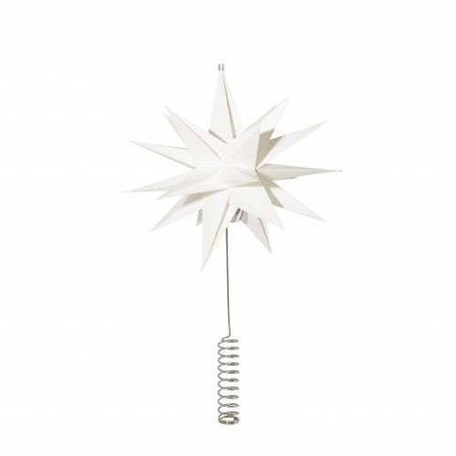 Handmade in paper, the Watt & Veke Topstar Sputnik (25cm) features sharp white points and sits on a metal spring base—a modern crowning touch for your Christmas tree.