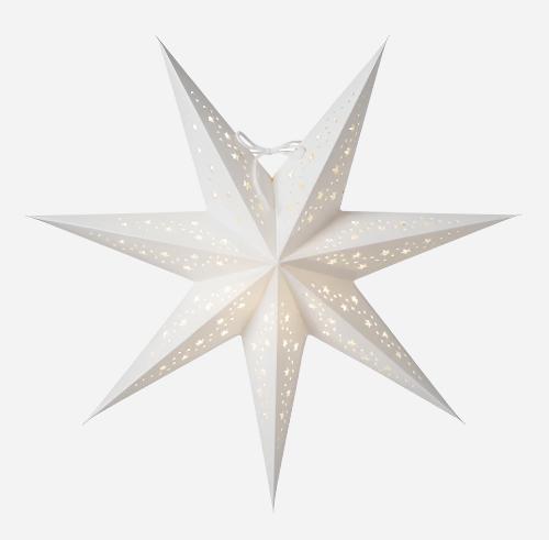 The Watt & Veke Star Vintergatan Christmas White 44cm is an eight-point handmade paper lantern with small perforations and a hanging loop, adding Nordic charm to any space. Shown here against a plain background.