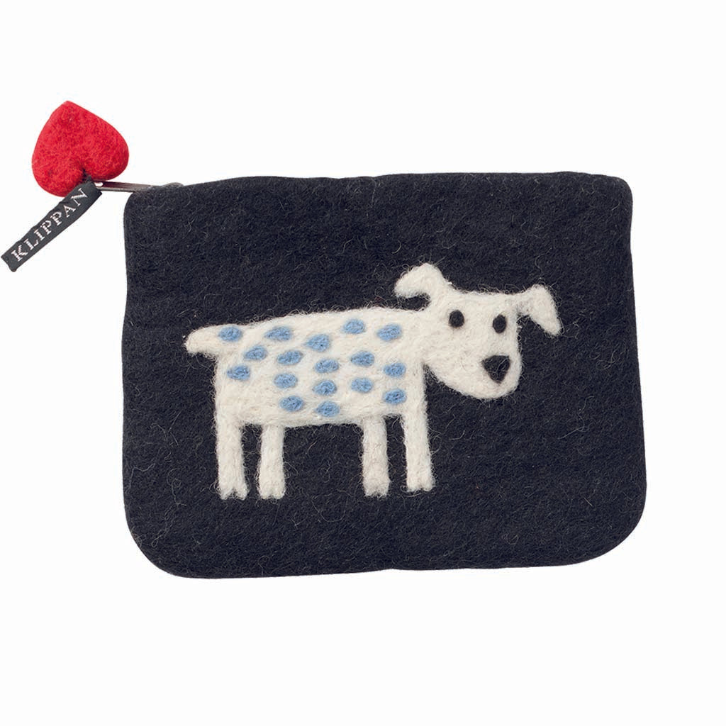 The Dog Felted Wool Purse, Black & White by Klippan Yllefabrik features a playful blue-spotted white dog, a heart-shaped red zipper pull, and a small black KLIPPAN tag—crafted from handfelted wool for charming style.