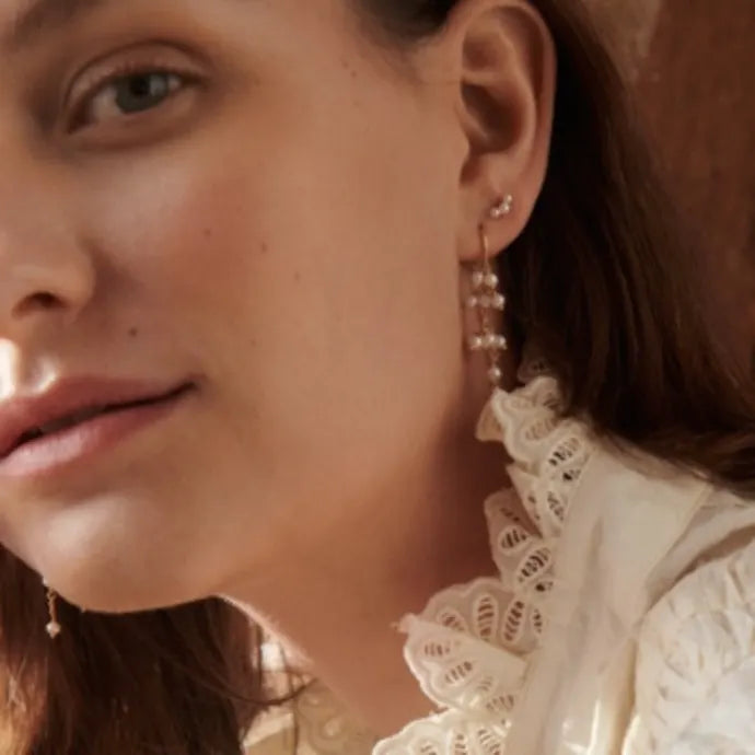 A woman with fair skin and brown hair wears a ruffled white lace top and Pernille Corydon Ocean Pearl Earsticks Earrings in Gold. She gazes slightly to the side in soft natural light, with only part of her face and upper body visible.