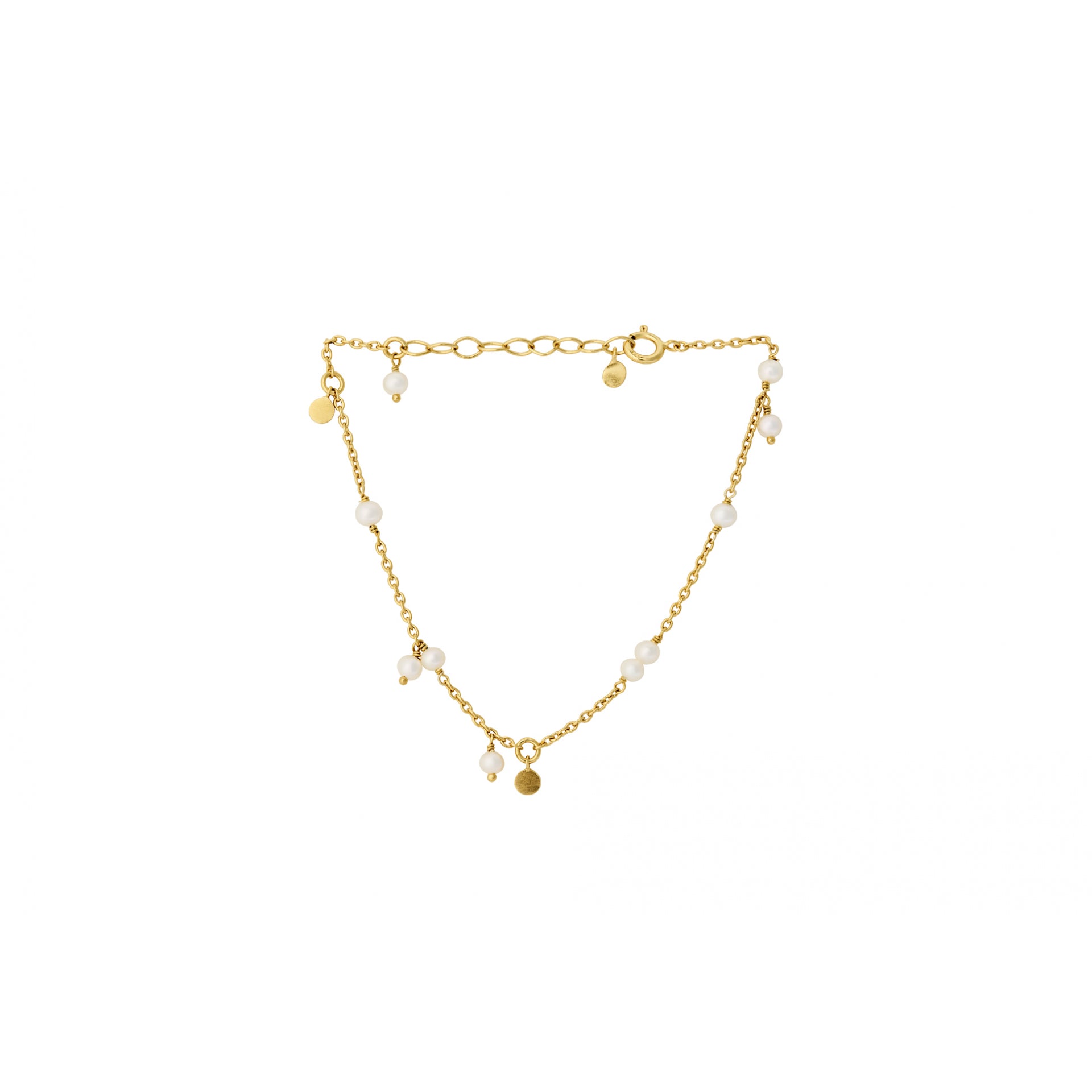 The Ocean Pearl Bracelet in Gold by Pernille Corydon features a delicate gold chain adorned with small white pearls, gold disc charms, and nature-inspired pearl pendants, complete with an adjustable clasp.