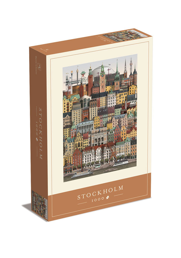 The Martin Schwartz Puzzle Stockholm City, 1000 Pieces, showcases a vibrant illustrated cityscape with colorful buildings and iconic landmarks—perfect for fans of Stockholm architecture.