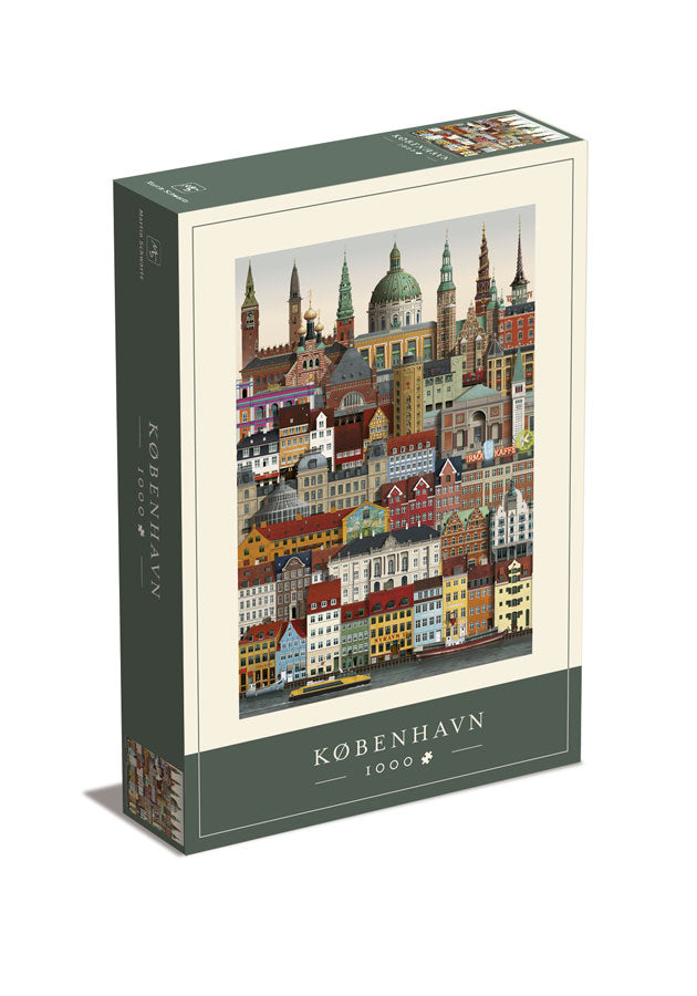 The Martin Schwartz Puzzle Copenhagen City, 1000 Pieces, features an illustrated cityscape with colorful buildings and famous Copenhagen landmarks on the box.