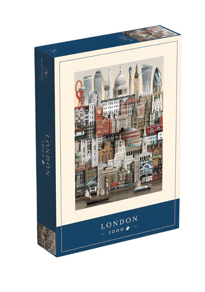 The Martin Schwartz Puzzle London City, 1000 Pieces, features illustrated London landmarks and architecture, with “London” and “1000” printed on the front of the box.