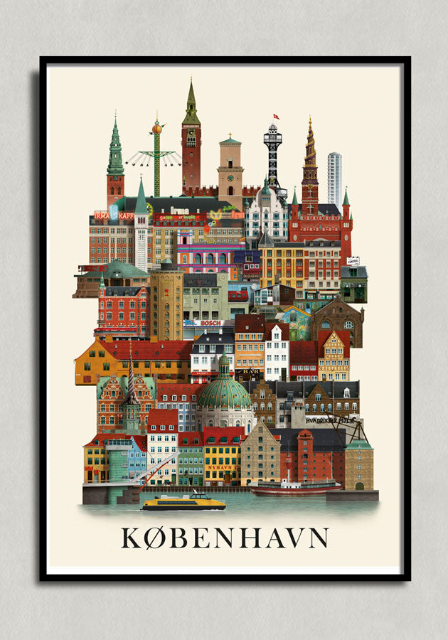 The Poster Copenhagen City A3 by Martin Schwartz features a colorful, stacked skyline and landmarks above water with a yellow boat in front. "København" is boldly displayed at the bottom, capturing the charm of vibrant Copenhagen.