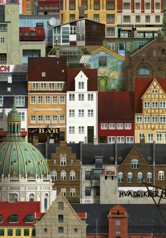 The Martin Schwartz Poster Copenhagen City A3 features a vibrant collage of iconic European building facades, domes, gables, and red-tiled rooftops—creating a detailed, layered city skyline inspired by Copenhagen.