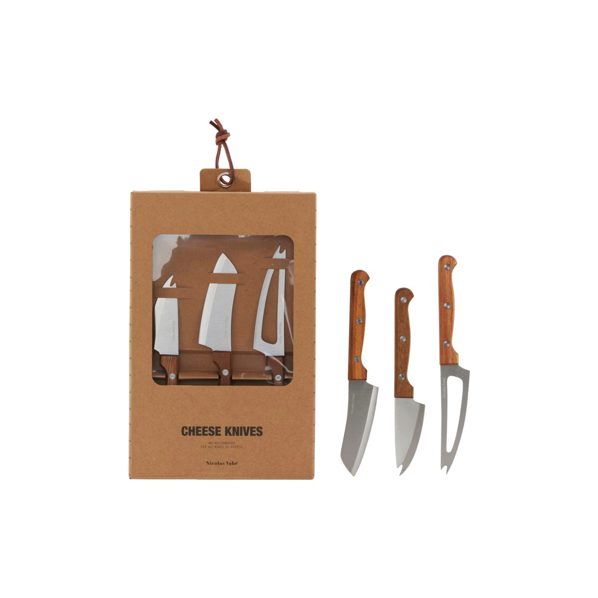 The Nicolas Vahé Cheese Knives Set of 3 features stainless steel blades and acacia wood handles, shown beside a gift box with a clear window that displays the knives inside.