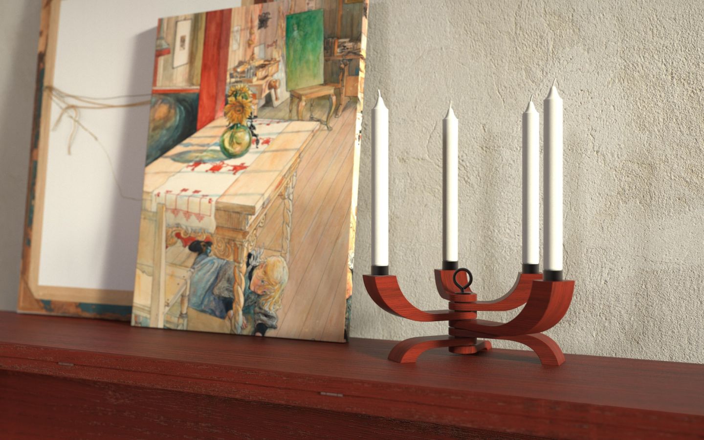 A painting of a room with children and a vase of flowers leans on a wooden mantle beside the Nordic Light Candle Holder 4 Arms in Red by Design House Stockholm, with four white candles adding a touch of modern warmth.
