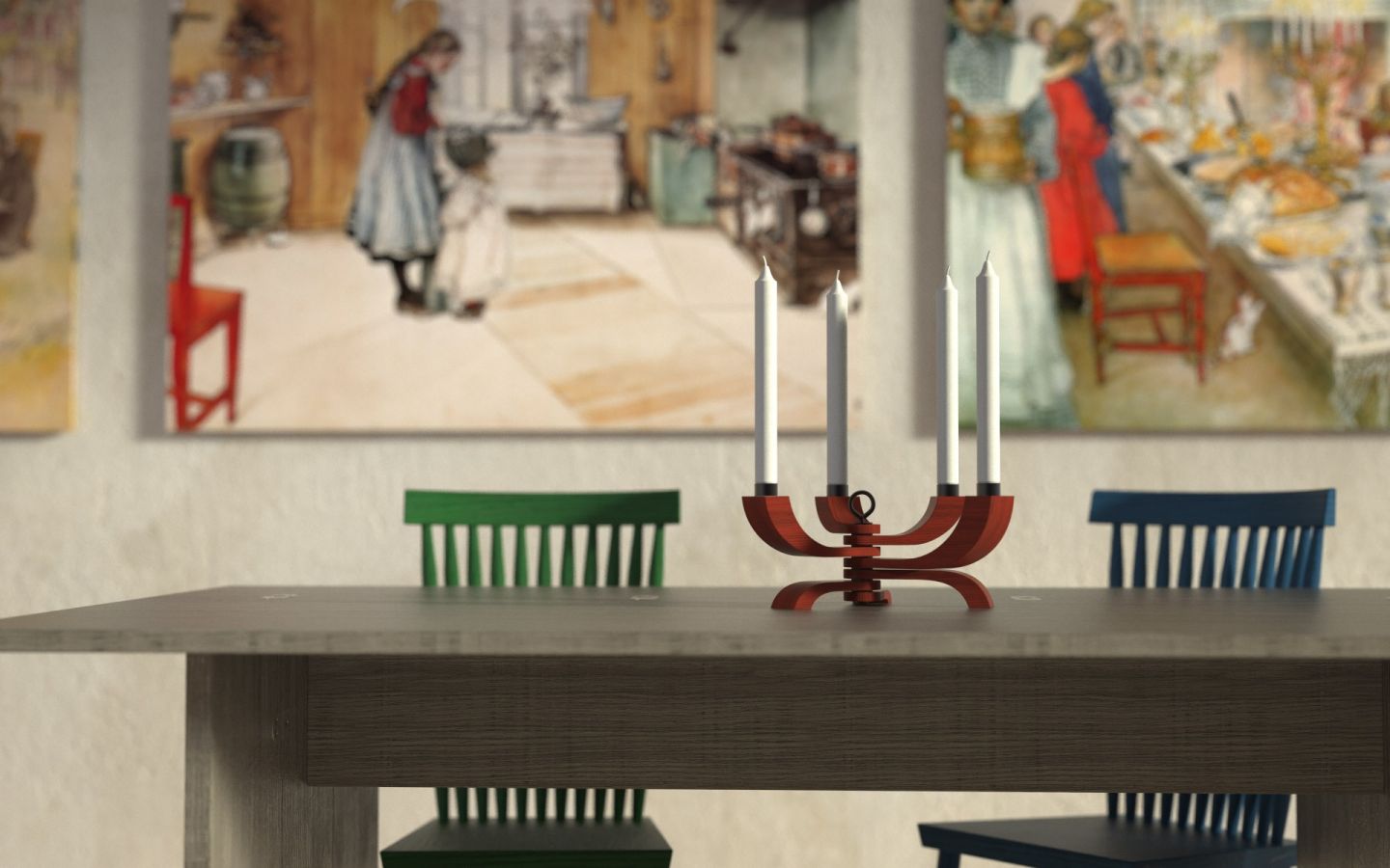 The Nordic Light Candle Holder 4 Arms in Red by Design House Stockholm with four white candles is on a wooden table, surrounded by green, blue, and black chairs. Colorful paintings of people in home settings decorate the wall behind.