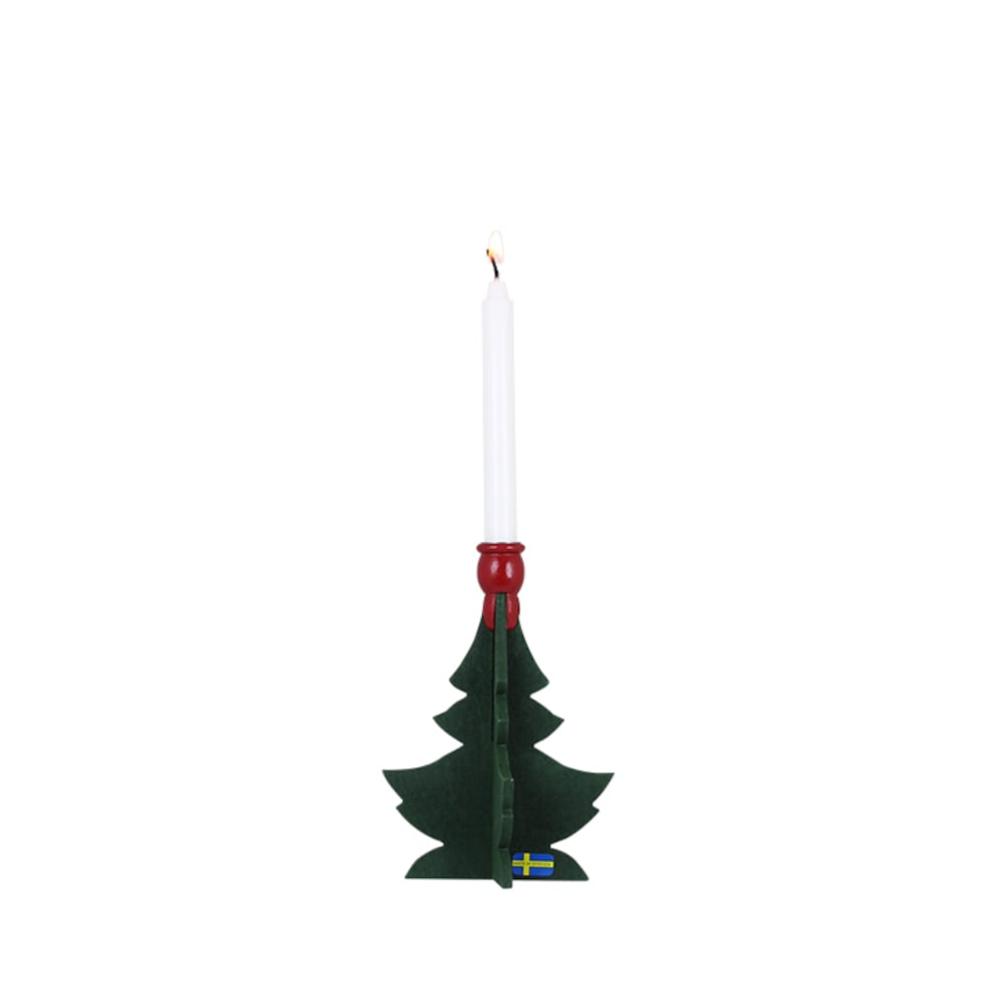 A small green/red Christmas tree candle holder by Strömshaga, crafted from birch wood (12.5cm), features space for one candle—a charming Swedish holiday decoration.