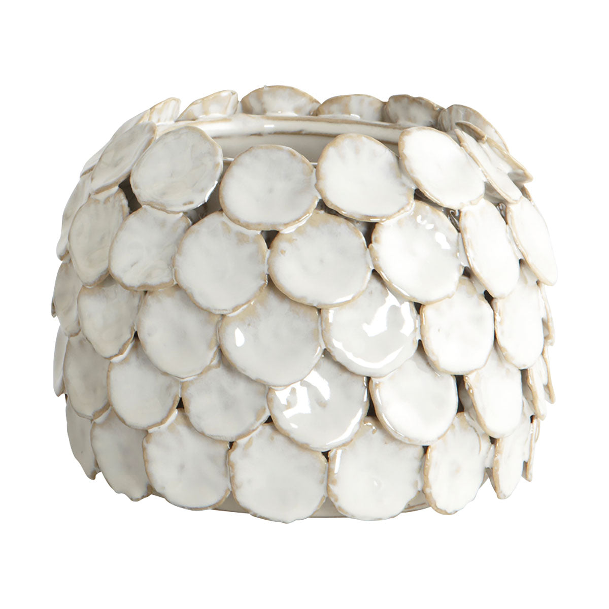 The House Doctor Vase Dot Ceramic 15cm small features a round white design adorned with glossy, layered disc shapes, resembling overlapping petals or scales—a sculptural piece that makes a striking statement.