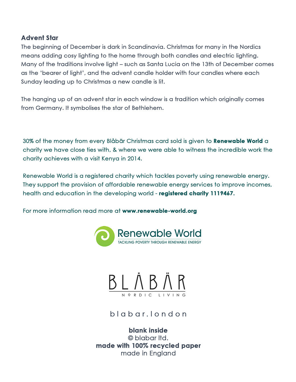 The Christmas Card_Advent Star by Blåbär Nordic Living describes the Scandinavian Advent tradition and supports Renewable World, a renewable energy charity, with the advent star as a central symbol.