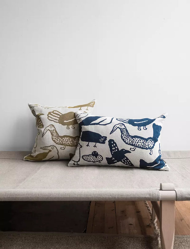 Tori Birds Cushion Cover on Linen in Blue (w. or w/o inner cushion)