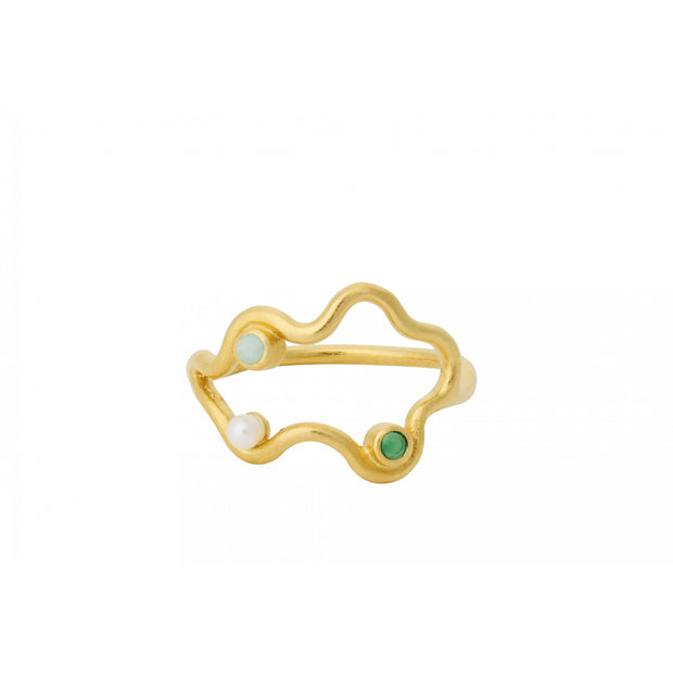 Cove Ring in Gold w. Freshwater pearl, Green chalcedony & Green amazonite stones