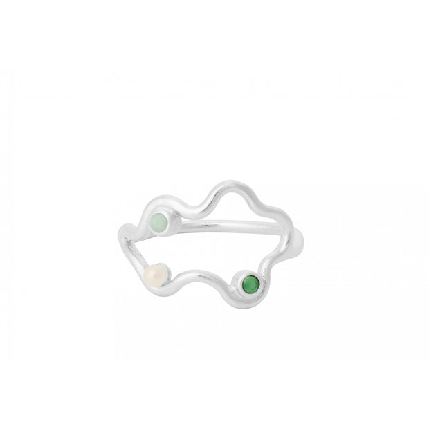 Cove Ring in Silver w. Freshwater pearl, Green chalcedony & Green amazonite stones